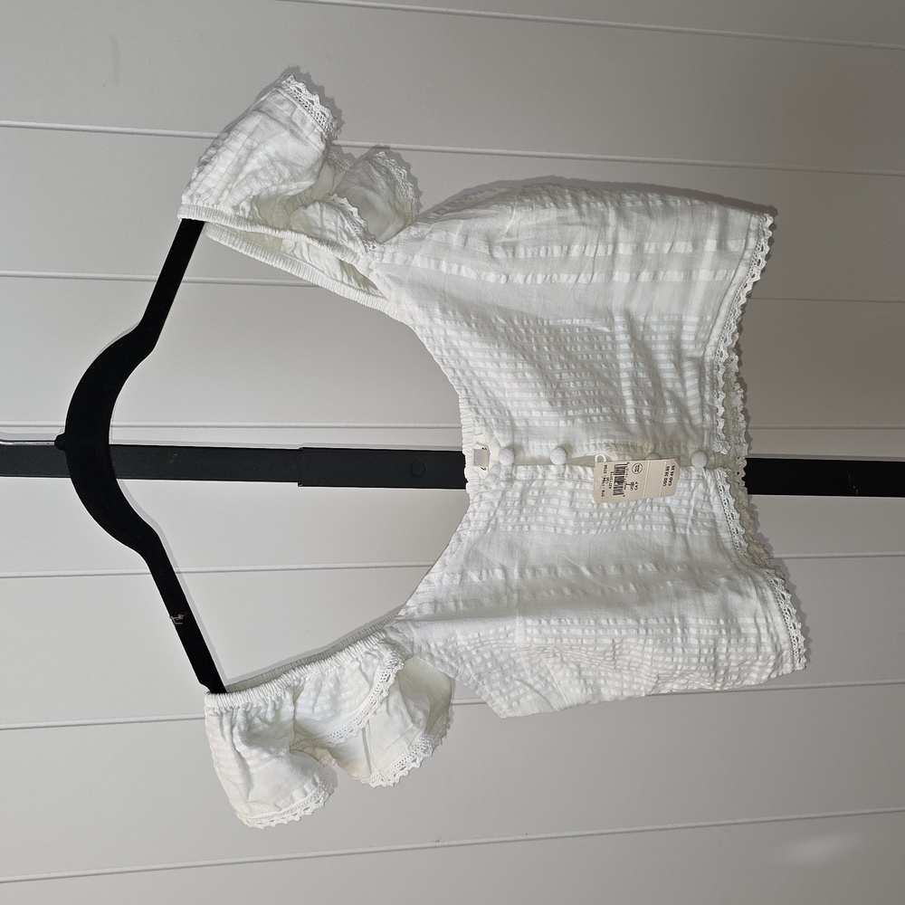 Aerie White Textured Blouse with Lace Details